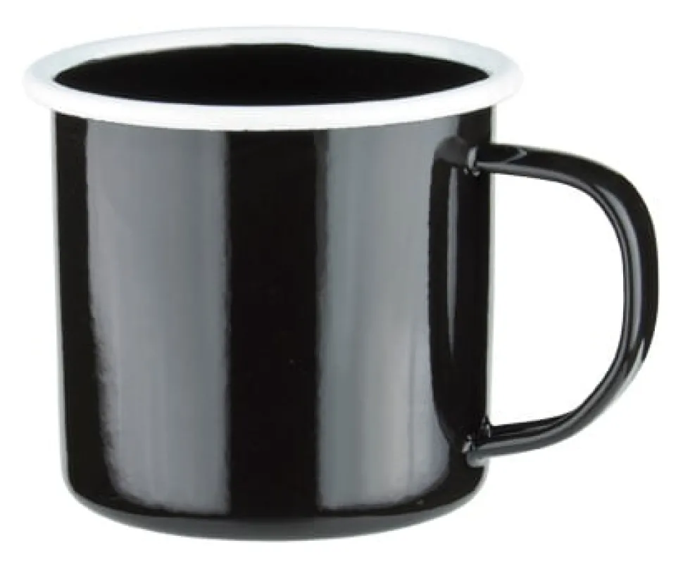 Emaille-Becher mit Henkel, schwarz mit weißem Rand - 360ml