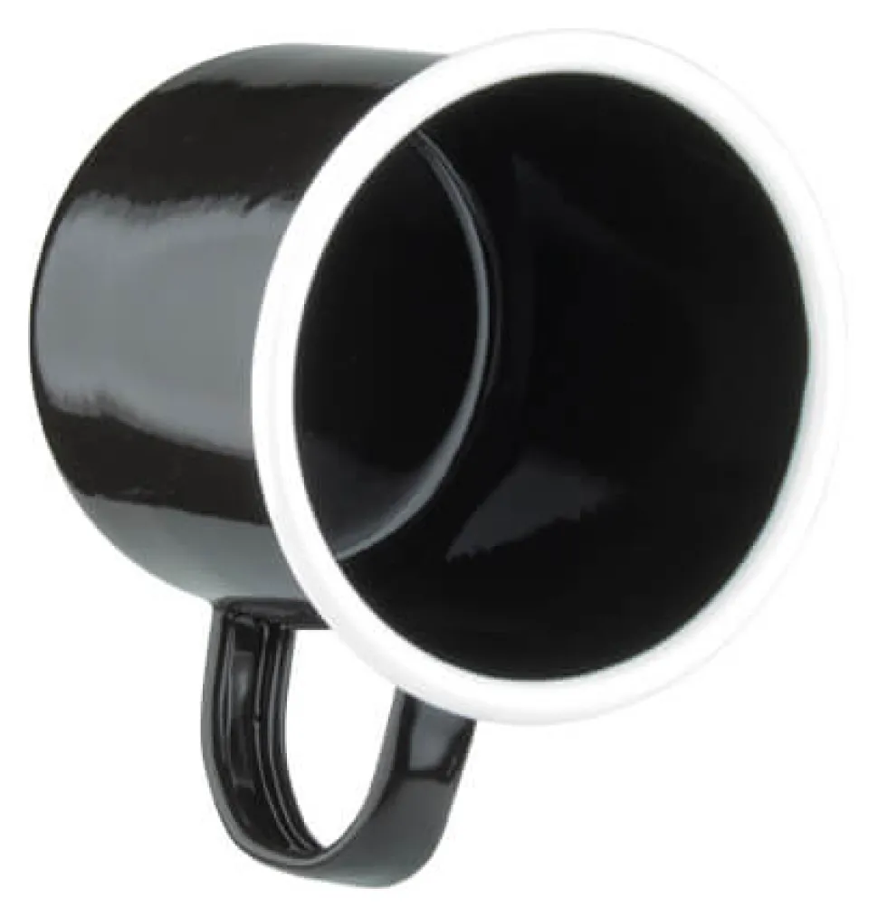 Emaille-Becher mit Henkel, schwarz mit weißem Rand - 360ml