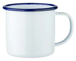 Emaille-Becher mit Henkel, weiß mit blauem Rand - 360ml