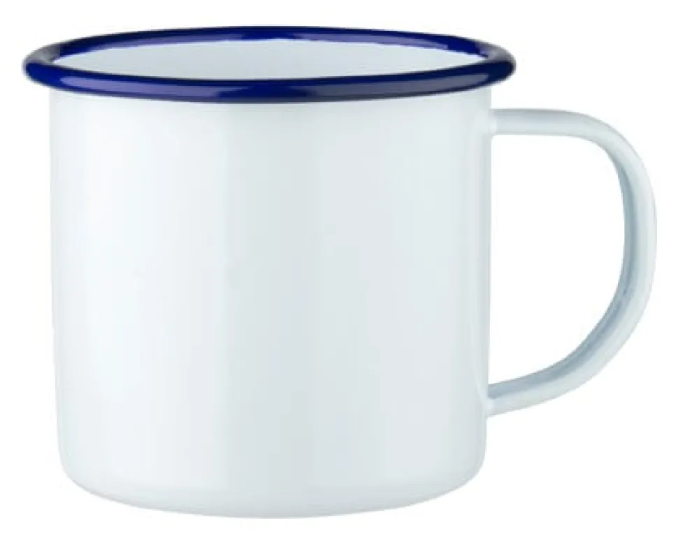 Emaille-Becher mit Henkel, weiß mit blauem Rand - 360ml
