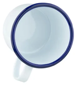 Emaille-Becher mit Henkel, weiß mit blauem Rand - 360ml