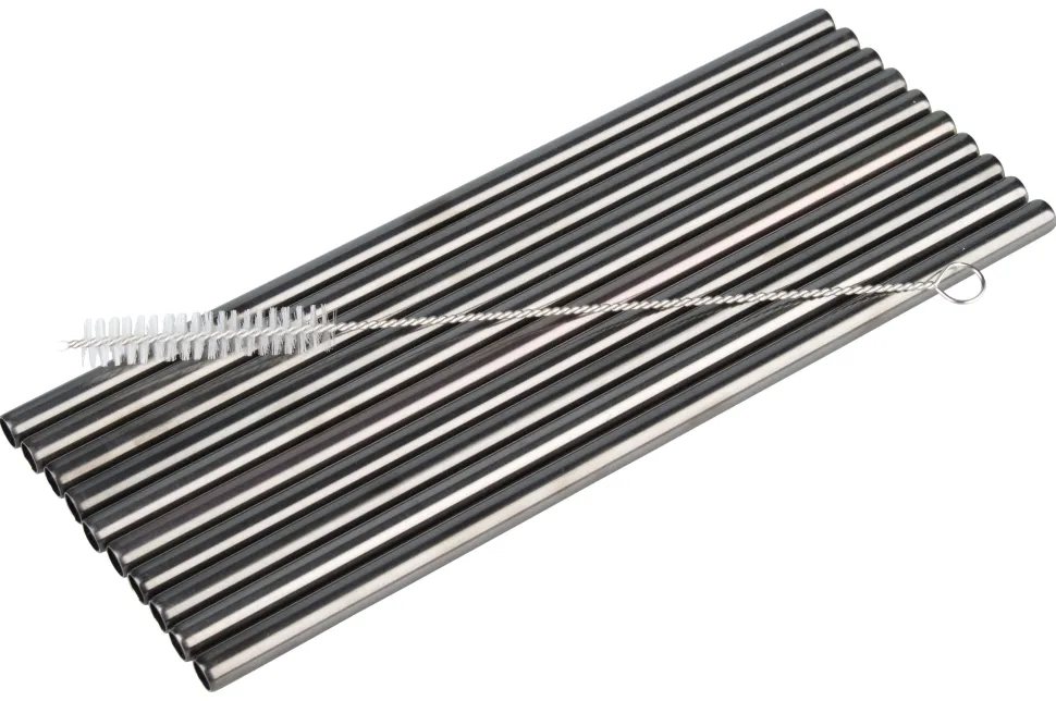 Trinkhalme, Edelstahl (8x215mm), schwarz GMB - 10 Stk.-Set mit Reinigungsbürste