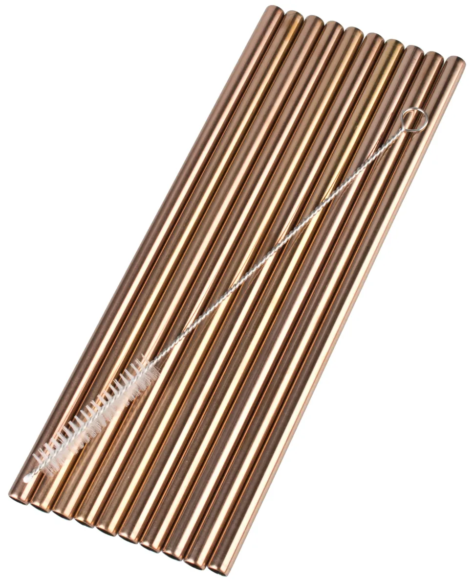 Trinkhalme, Edelstahl (8x215mm), kupferfarben - 10 Stk.-Set mit Reinigungsbürste