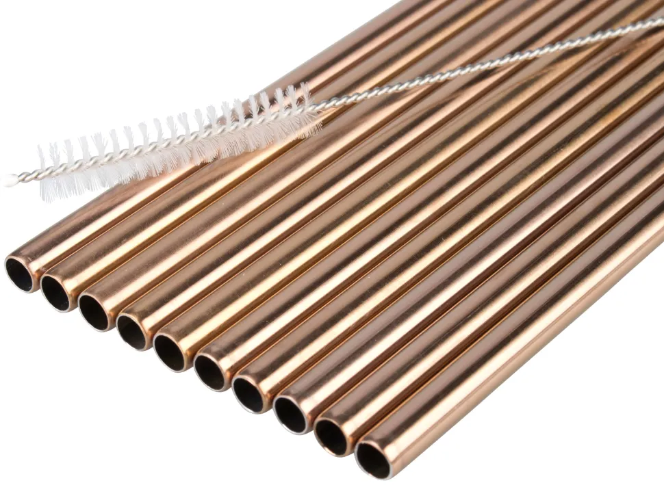 Trinkhalme, Edelstahl (8x215mm), kupferfarben - 10 Stk.-Set mit Reinigungsbürste