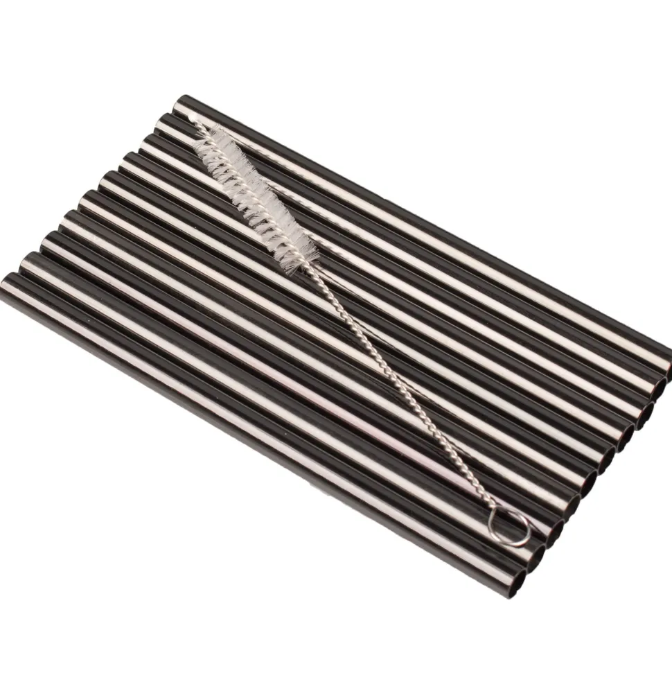 Trinkhalme, Edelstahl (8x150mm), schwarz GMB - 10 Stk.-Set mit Reinigungsbürste