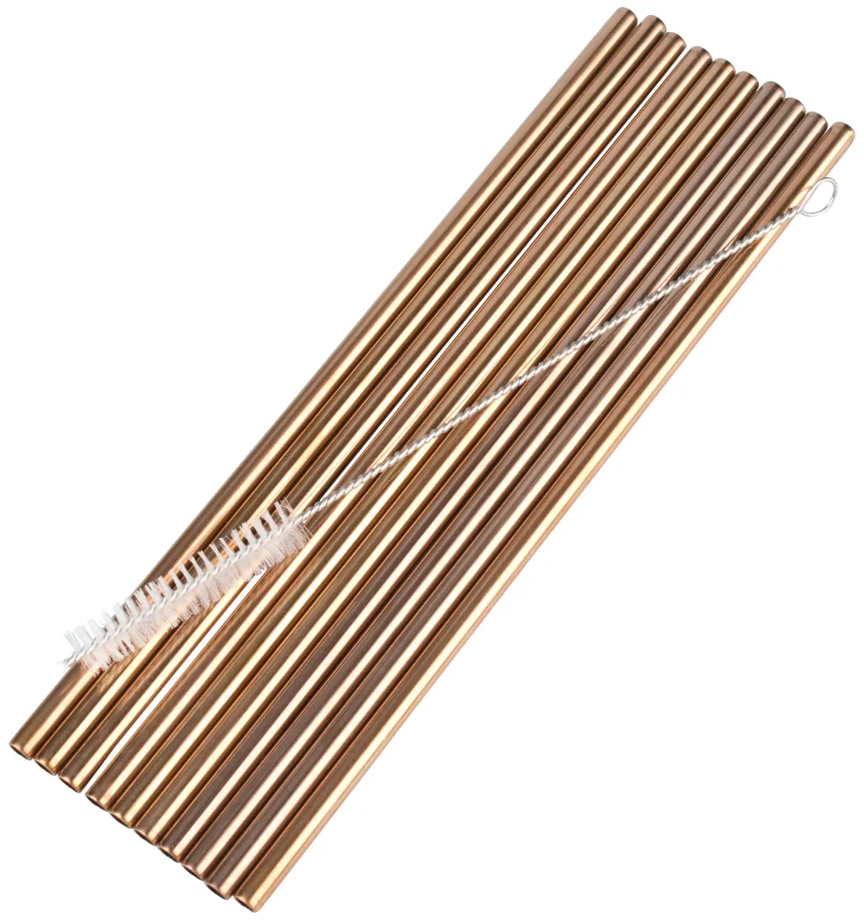 Trinkhalme, Edelstahl (6x215mm), kupferfarben - 10 Stk.-Set mit Reinigungsbürste