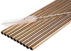 Trinkhalme, Edelstahl (6x215mm), kupferfarben - 10 Stk.-Set mit Reinigungsbürste